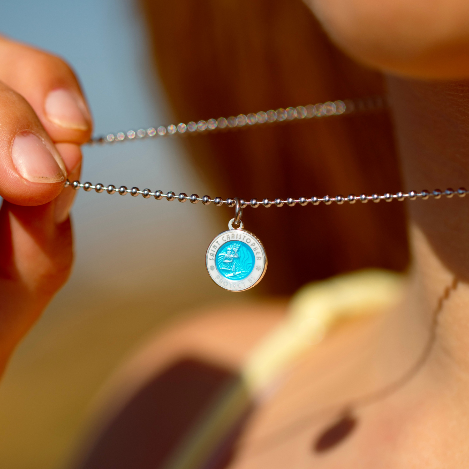 small st. christopher necklace in aqua white