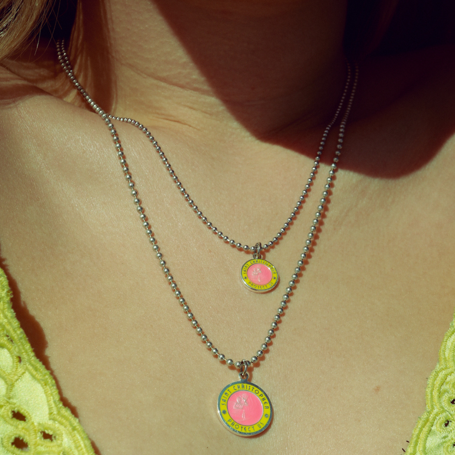 Hot Pink Yellow St. Christopher on Model 