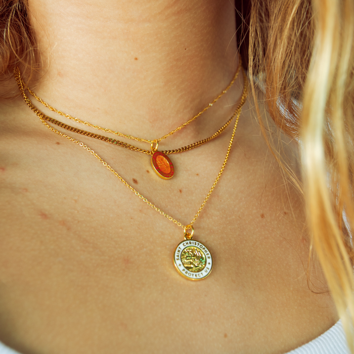 Red Gold Oval St. Christopher Necklace and Gold White St. Christopher  