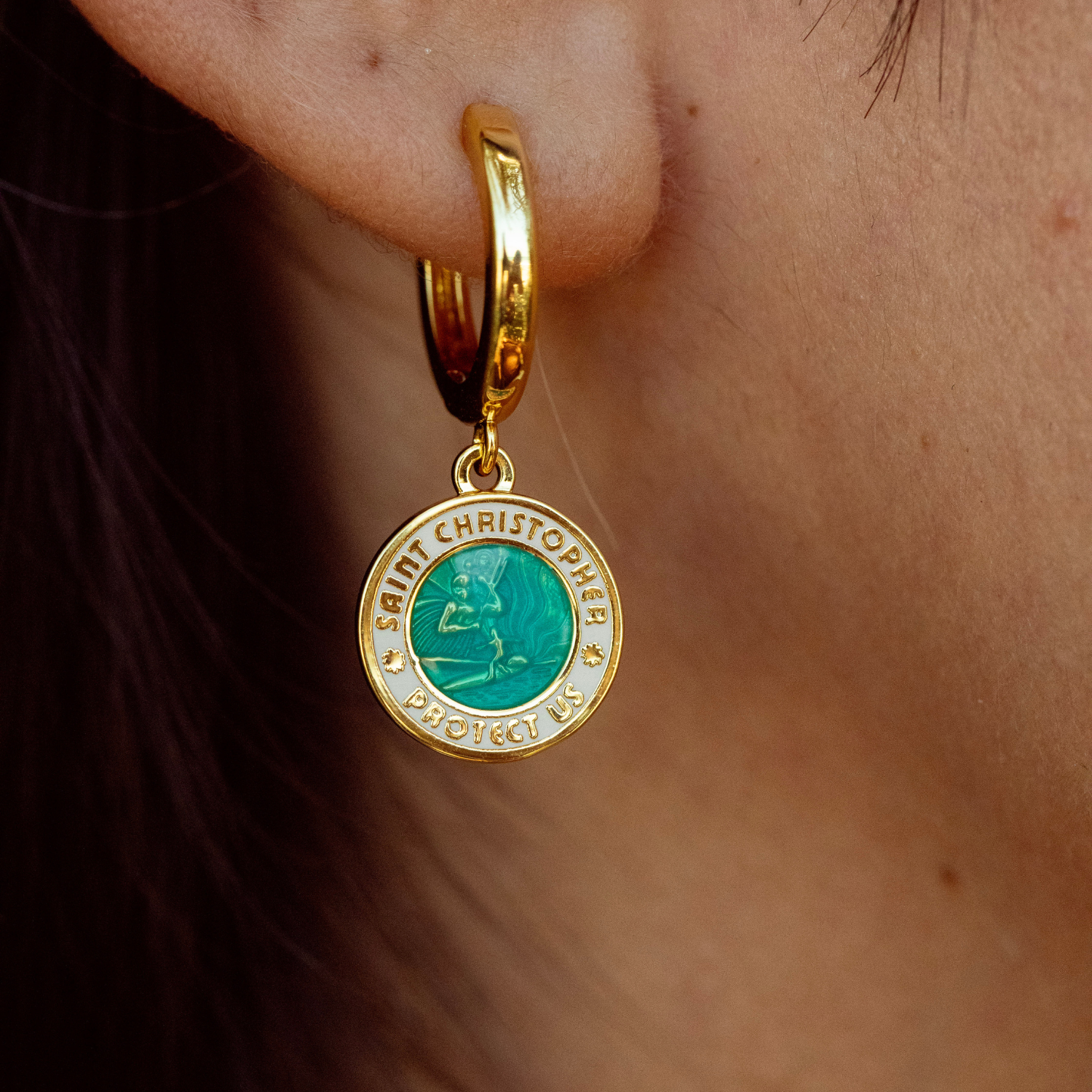 St. Christopher Earrings - Gold / Aqua White