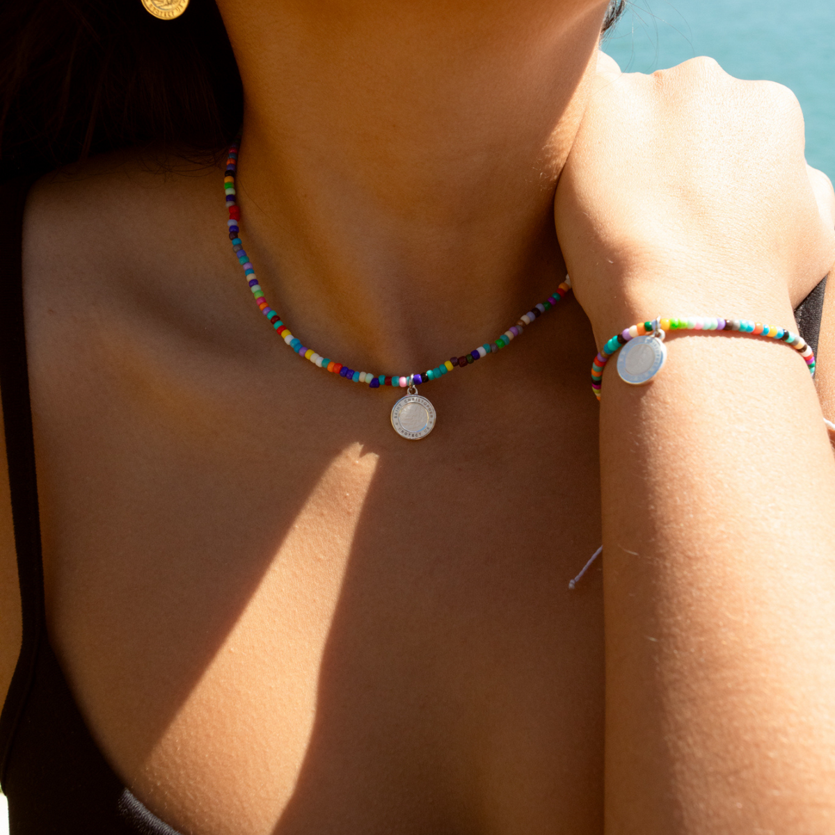 St. Christopher Choker Necklace with Multi Color Beads // Get Back Necklaces