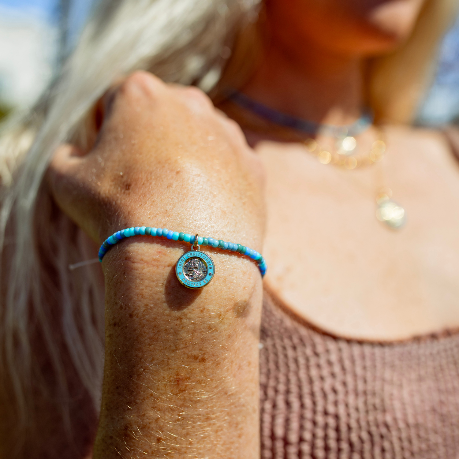Blue Lagoon Beaded Bracelet - Gold / Baby Blue