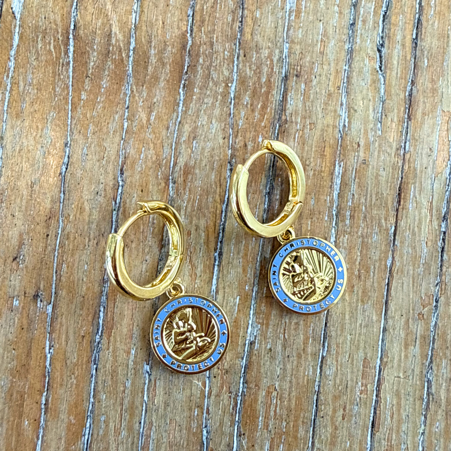 The Imperfect Archive  - Gold / Baby Blue St. Christopher Earrings