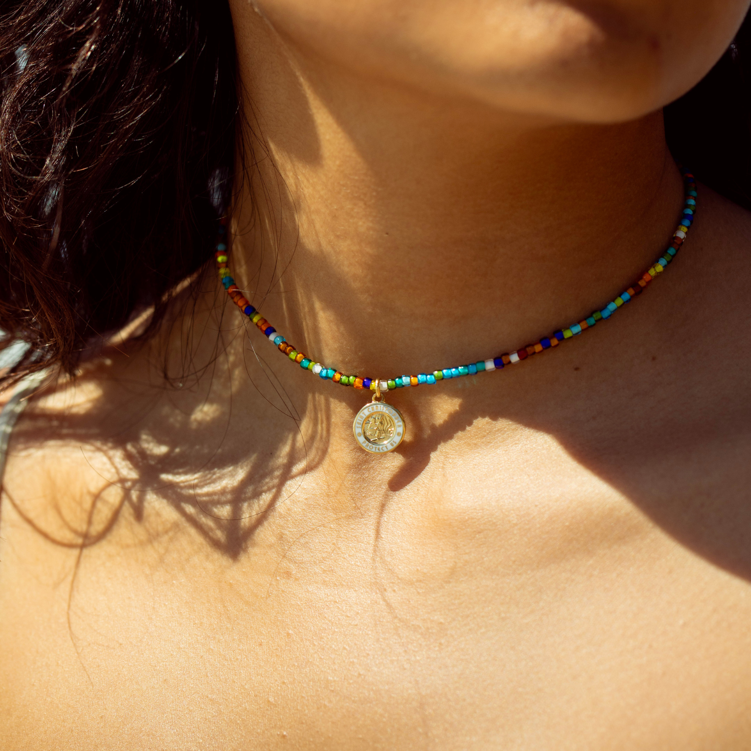 Retro Rainbow Beaded Choker - Gold / White