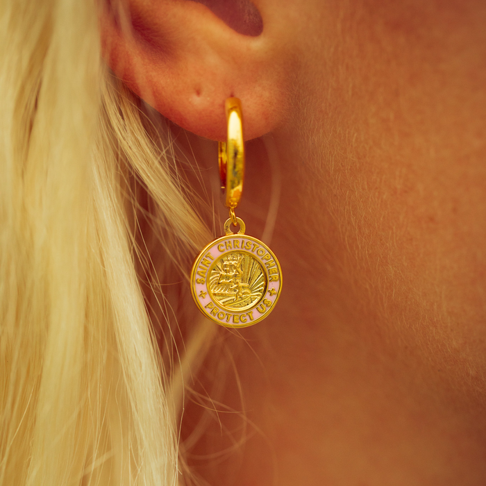 St. Christopher Earrings - Gold / Pink