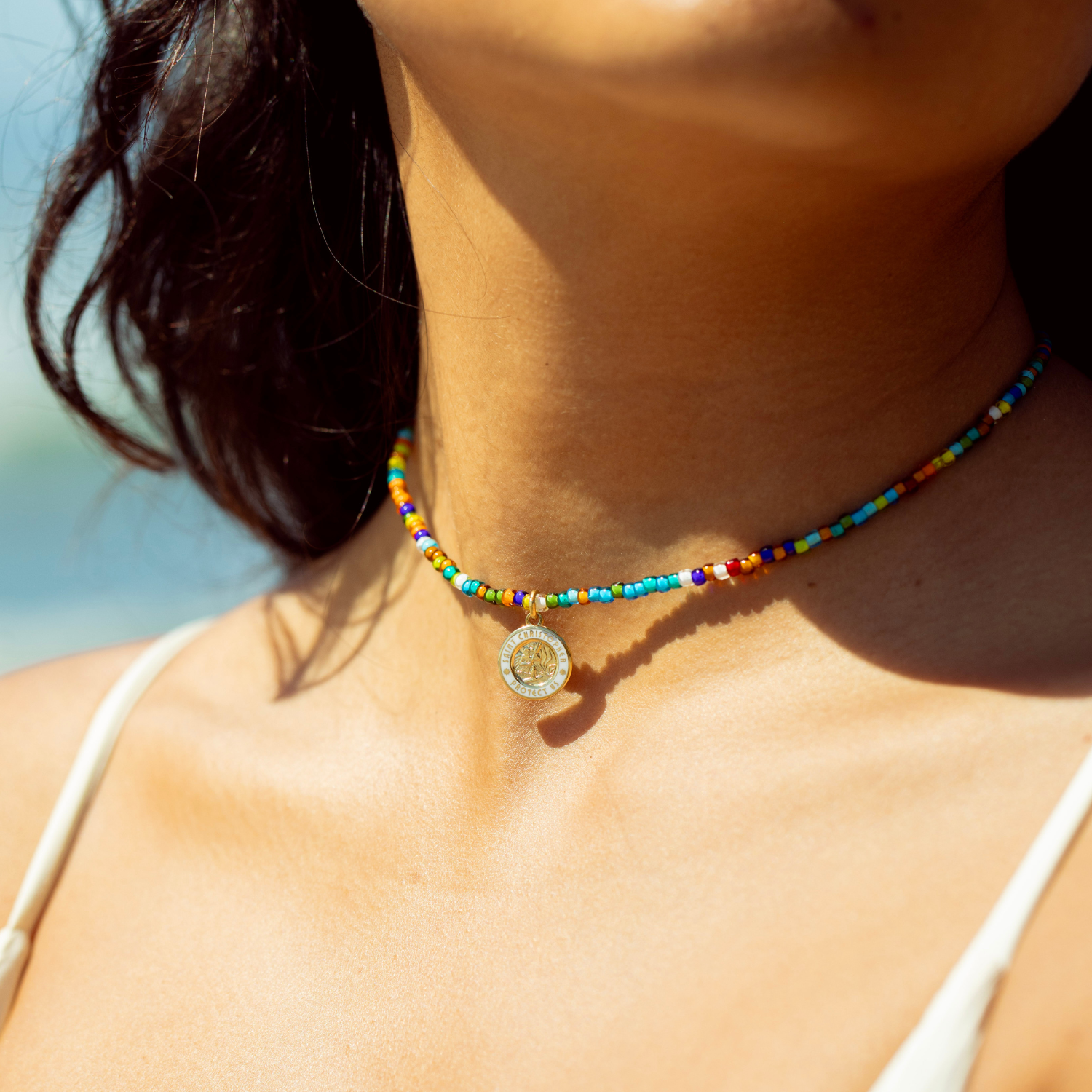 Retro Rainbow Beaded Choker - Gold / White