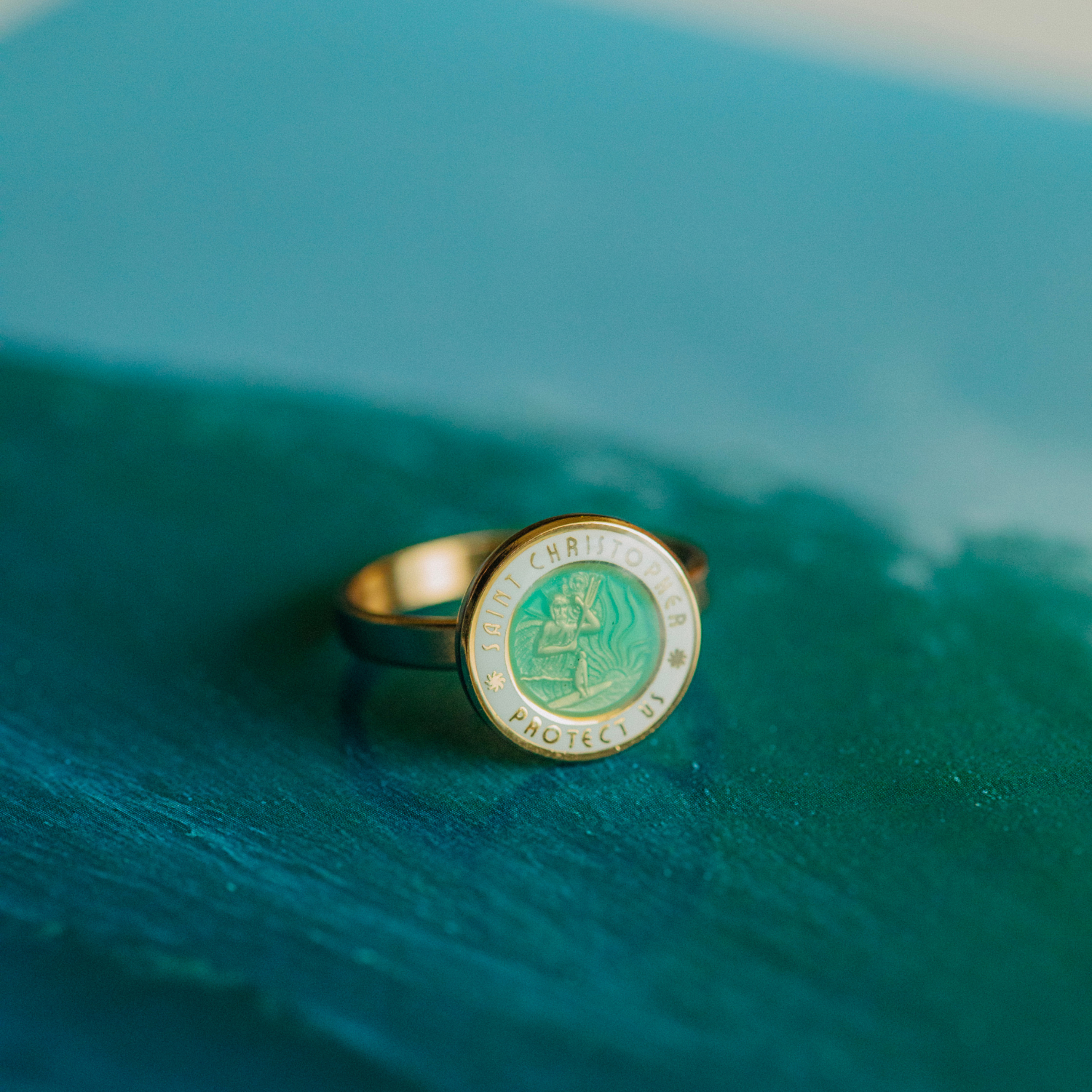 St. Christopher Ring - Gold / Aqua White