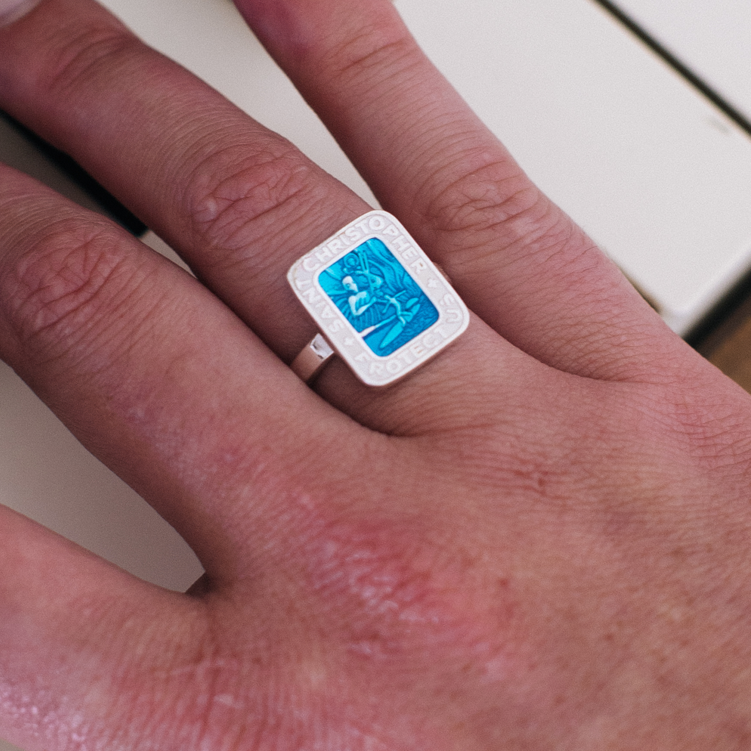 St. Christopher Rectangle Ring - Aqua / White – Get Back Necklaces