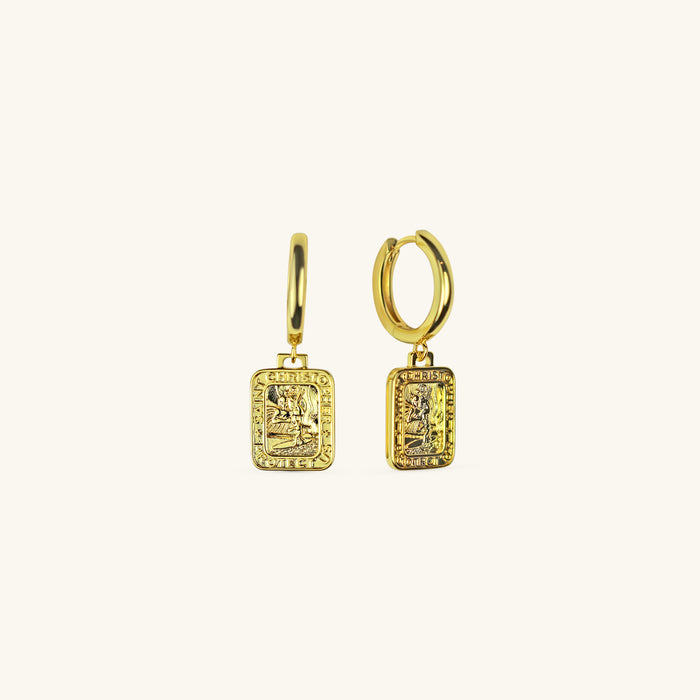 Gold St. Christopher rectangle earrings